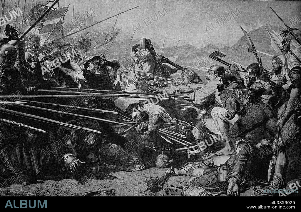 Arnold Winkelried or Arnold von Winkelried, 1386, at the Battle of Sempach, Switzerland, historical engraving, circa 1885