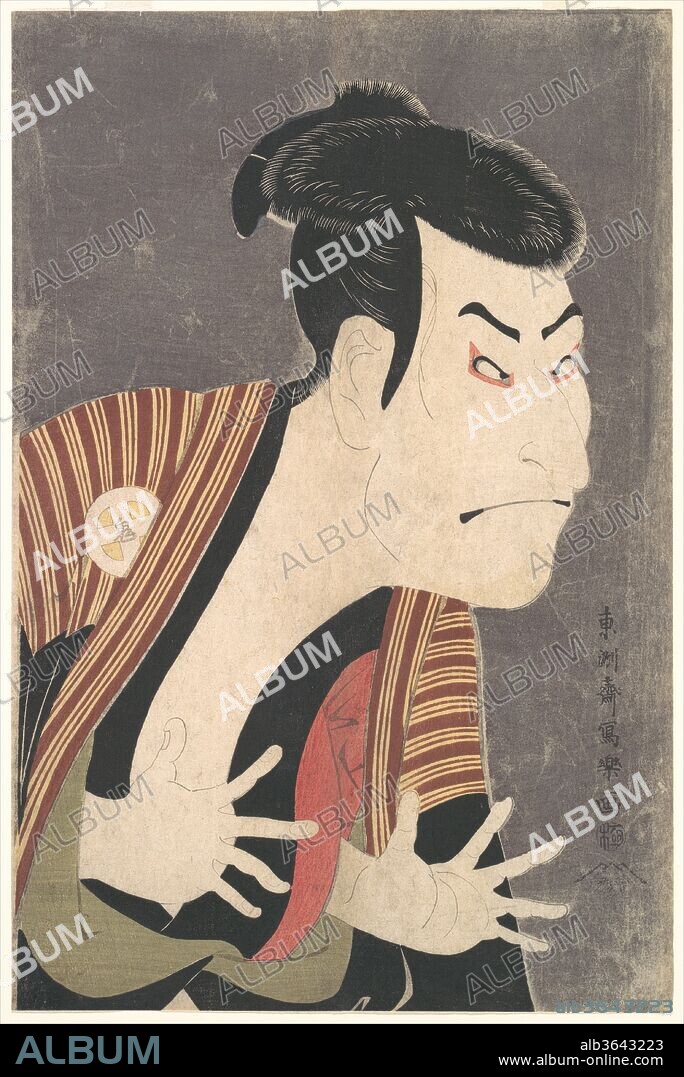 Kabuki Actor Otani Oniji III as Yakko Edobei in the Play The Colored Reins of a Loving Wife (Koi nyobo somewake tazuna). Artist: Toshusai Sharaku (Japanese, active 1794-95). Culture: Japan. Dimensions: 15 x 9 7/8 in. (38.1 x 25.1 cm). Date: 6th month, 1794.
The actor Otani Oniji II is captured here in the role of Yakko Edobe. A yakko is a manservant often used by samurai to perform violent deeds. Otani Oniji's leering face, shown in three-quarter view, bristling hair, and groping outstretched hands capture the ruthless nature of this wicked henchman. Sharaku was renowned for creating visually bold prints that gave rare revealing glimpses into the world of kabuki. He was not only able to capture the essential qualities of kabuki characters, but his prints also reveal, often with unflattering realism, the personalities of the actors who were famous for performing them. Because kabuki plays have relatively simple plots, the acting style of the performer is central to the performance. As a result, successful kabuki actors enjoyed great celebrity status. Unlike earlier masters, Sharaku did not idealize his subjects or attempt to portray them realistically. Rather, he exaggerated facial features and strove for psychological realism.