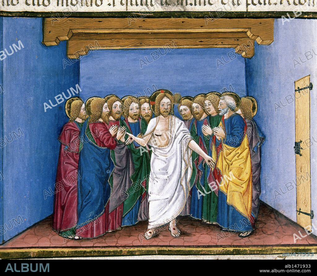 "JESUS RESUCITADO SE APARECE A LOS DISCIPULOS REUNIDOS EN UNA CASA POR MIEDO A LOS JUDIOS". Página miniada del Códice de Cristoforo de PREDIS (1476). Renacimiento-Quattrocento (s. XV). Biblioteca Real. Turín. Italia.
