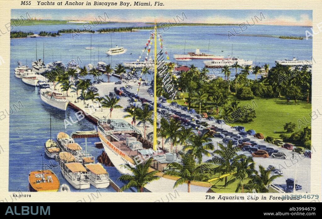 Yachts at anchor in Biscayne Bay, Miami, Florida, USA, 1938. Vintage linen postcard showing part of Bayfront Park and the yacht basin and the Aquarium Ship. The landscaped park, which opened in 1925, is visible on the right and the piers and boats are seen in the water in the background.