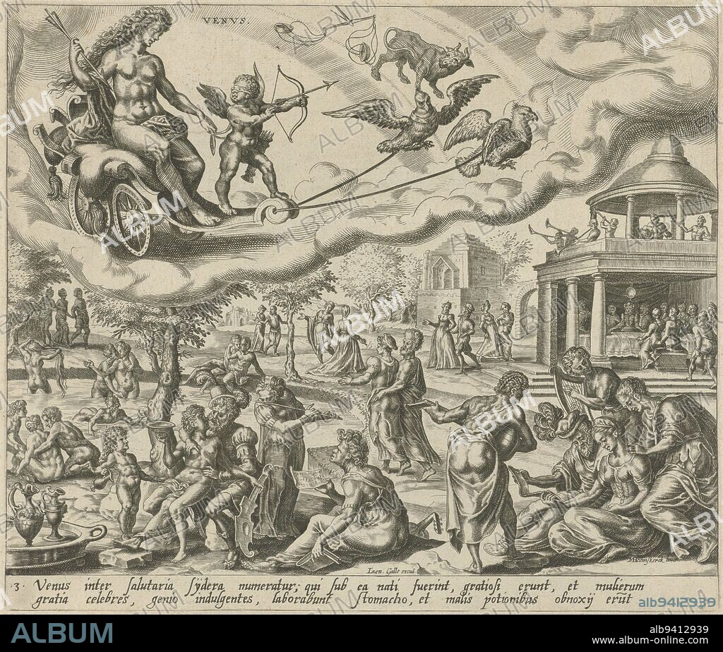 Venus and Amor riding in a chariot in the sky, pulled by two birds. The signs of Libra and Taurus indicate which people belong to the sphere of influence of Venus. The people, who are born under this zodiac sign, give themselves over to a pleasurable life and eroticism. In a landscape they make love, bathe, play music, walk in pairs or eat around a set table. Below in the margin a text in Latin about the children of Venus, The planet Venus and her children The seven planets (series title), print maker: Harmen Jansz Muller, Maarten van Heemskerck, (mentioned on object), publisher: Joannes Galle, (mentioned on object), Antwerp, 1566 - 1570 and/or 1638 - 1646, paper, engraving, h 215 mm × w 252 mm.
