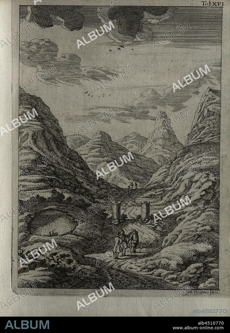 Julierpass, Roman columns on the Julier Pass, signed: Joh. Meyerus, copperplate engraving, pl. 16, after p. 432 (vol. 1), Meyer, Johannes (fec.), 1746, Johann Jacob Scheuchzer, Joh. Georg Sulzern, Johann Jacob Scheuchzers ... Natur-Geschichte des Schweitzerlandes samt seinen Reisen über die Schweitzerische Gebürge. Zürich: David Gessner, 1746.
