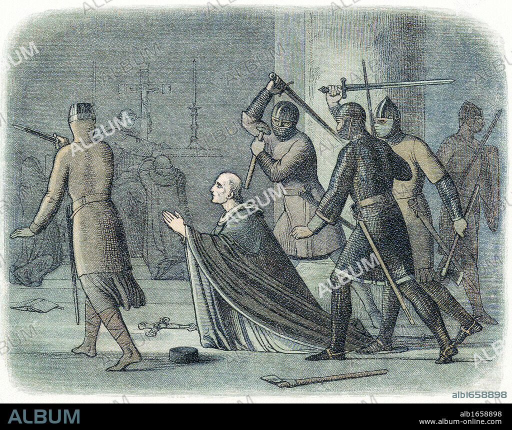 Thomas a Becket (1118-70) English churchman, saint and martyr. Archbishop of Canterbury from 1162. Murder of Becket by knights of Henry II in Canterbury Cathedral. Colour-printed wood engraving 1864.