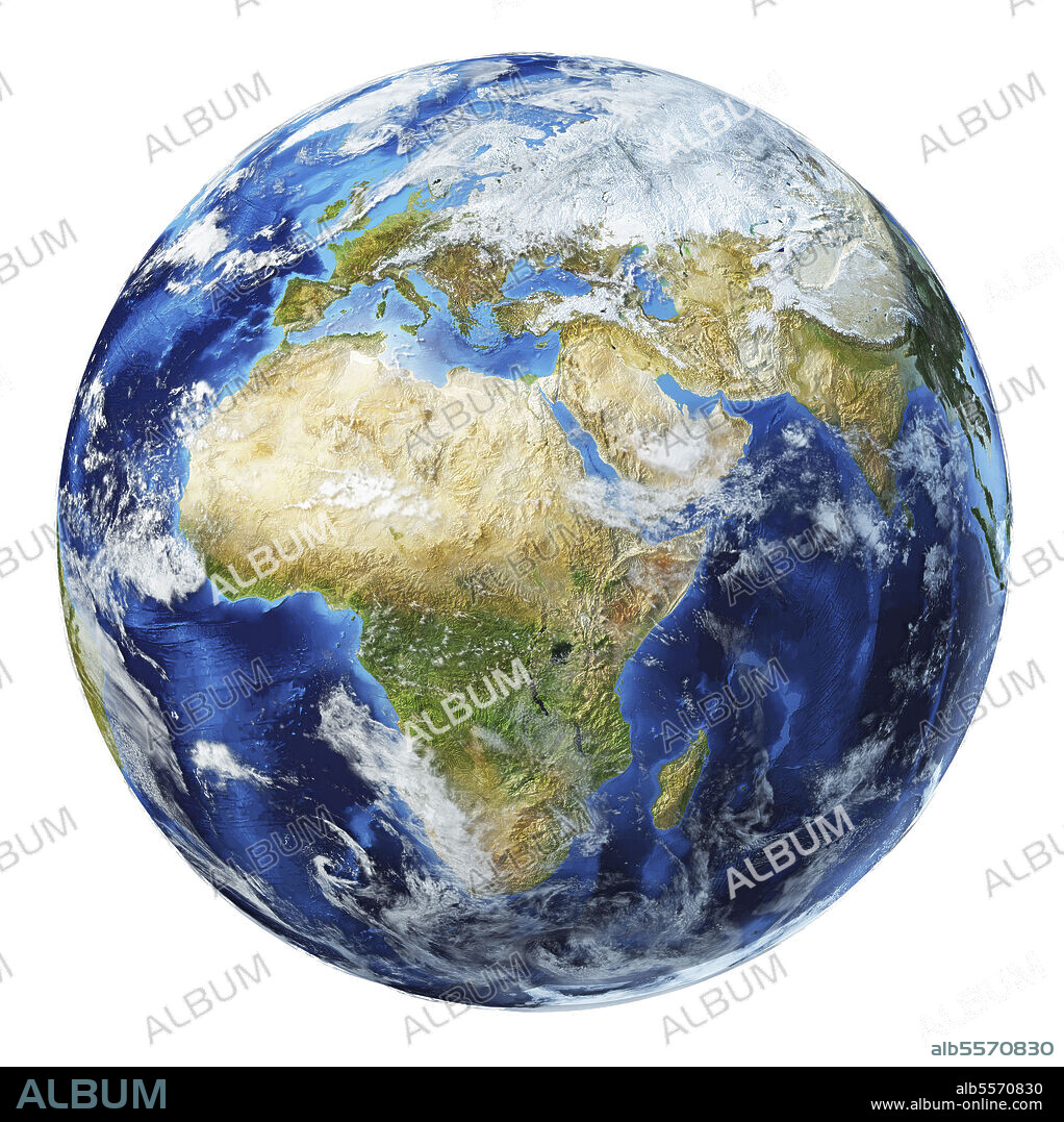 3D illustration of planet Earth globe on white background, centered on Africa and Europe.