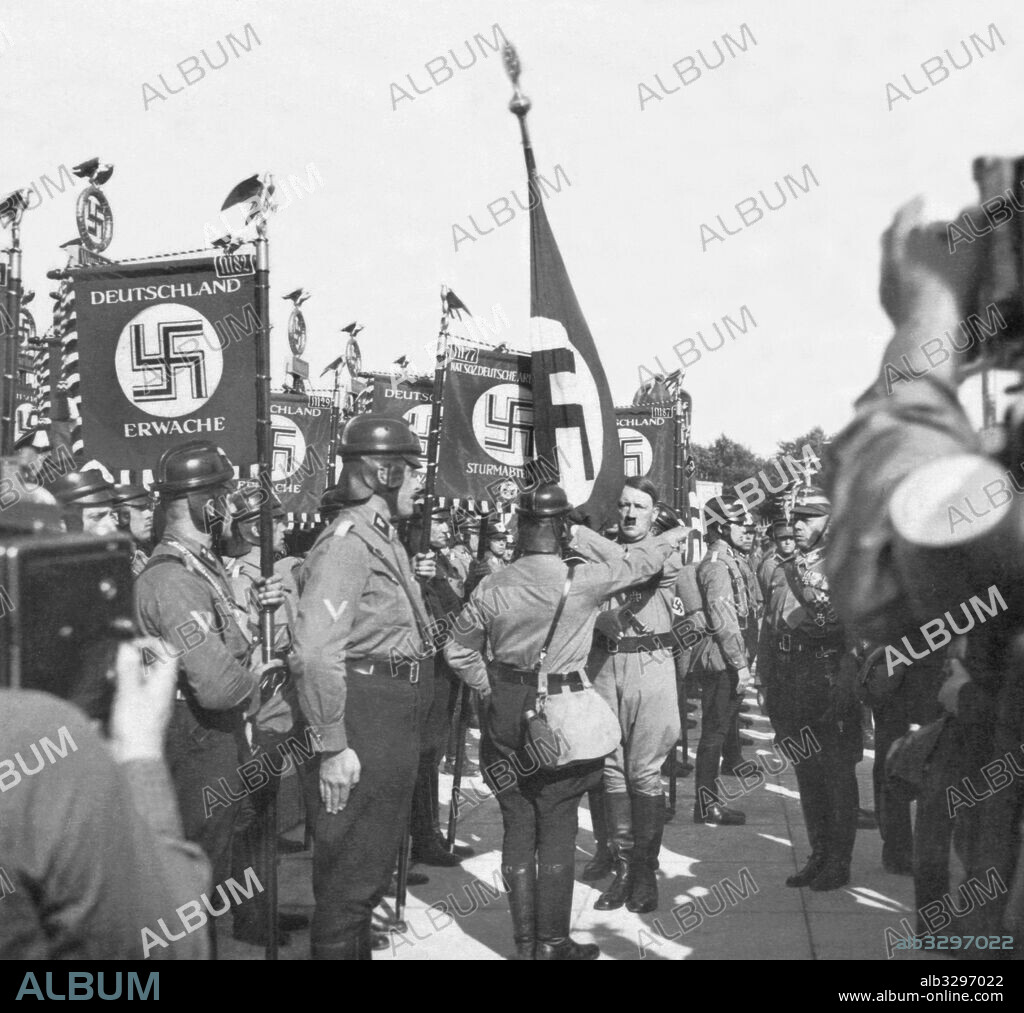 Adolf Hitler inspects the unit leaders at the 1936 Nuremberg Rally of Honour.