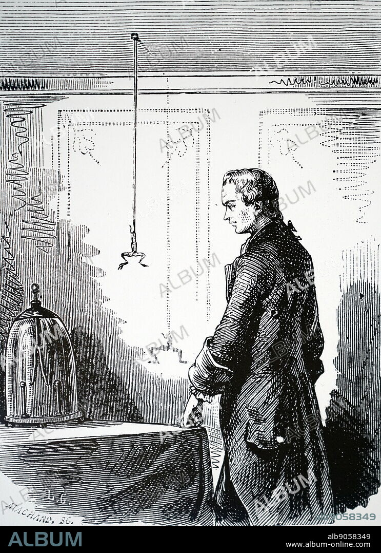 Illustration showing Luigi Galvani (1737-98), observing movement in frogs legs during a thunderstorm. Galvani was an Italian physician, physicist, biologist and philosopher, who discovered animal electricity.