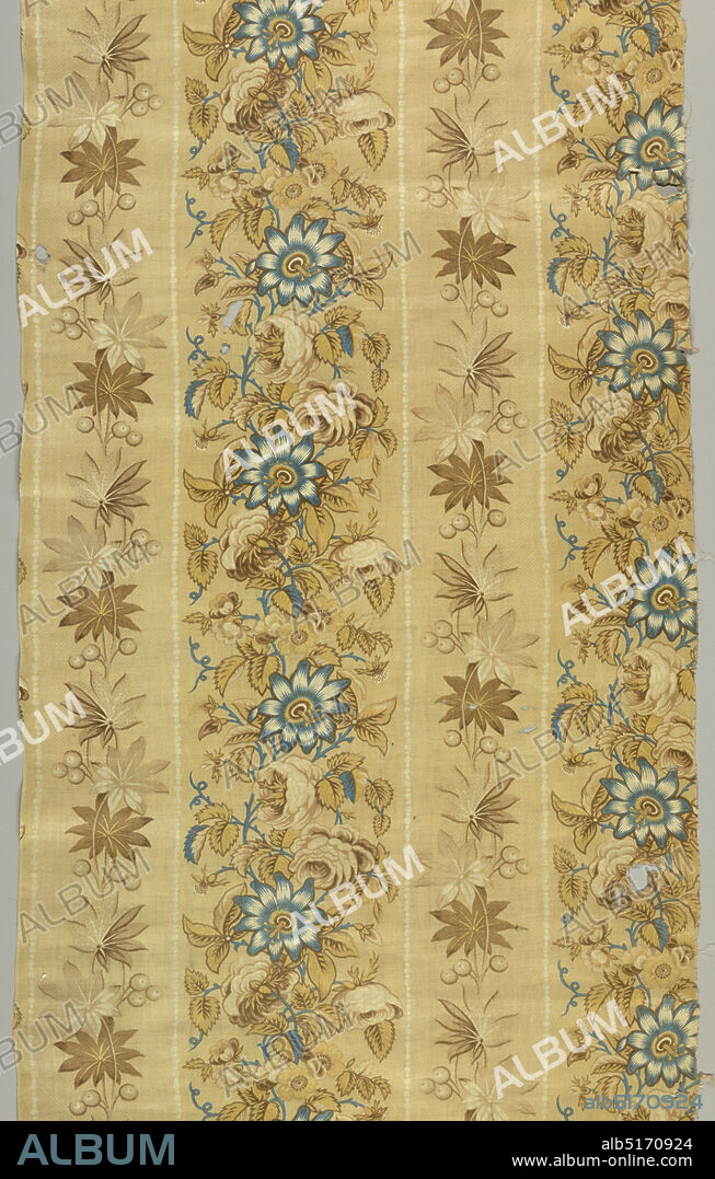 Textile, Medium: cotton Technique: printed by engraved roller on plain weave; relief print, Continuous vertical pattern of two alternating floral stripes - one a slightly curving leafy vine and the other a wider strongly curved floral vine. Colors are muted and accented by medium blue on a light brown background. Two stripes in one repeat unit. Half drop repeat., 19th century, printed, dyed & painted textiles, Textile.