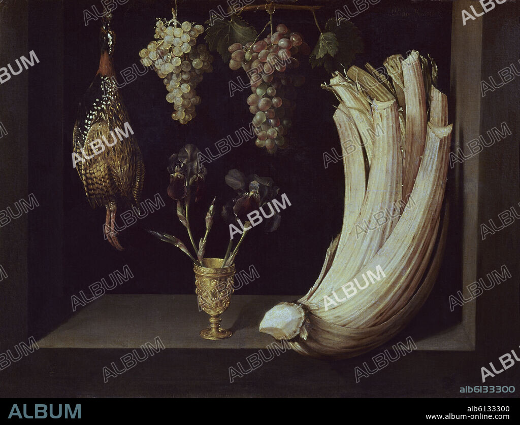 FELIPE RAMÍREZ. BODEGON CON CARDO, FRANCOLIN, UVAS Y LIRIOS - 1628 - OLEO/LIENZO - 71x92 cm - NP 2802 - BARROCO ESPAÑOL.