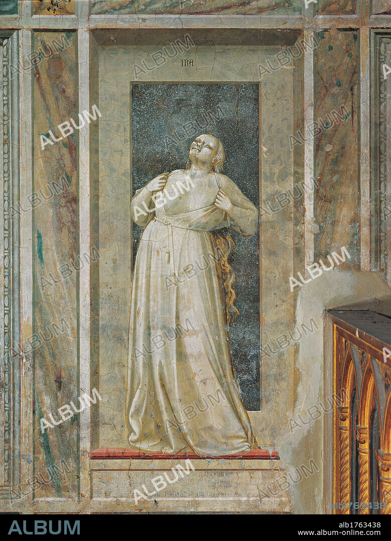 Allegory of Vice and Virtue Wrath, by Giotto, 1306 about, 14th Century, monochrome fresco, cm 120 x 55. Italy, Veneto, Padua, Scrovegni Chapel. All. Woman dresses garments breast neckline neck bosom wrath desperation long hair panel gray light blue blue.