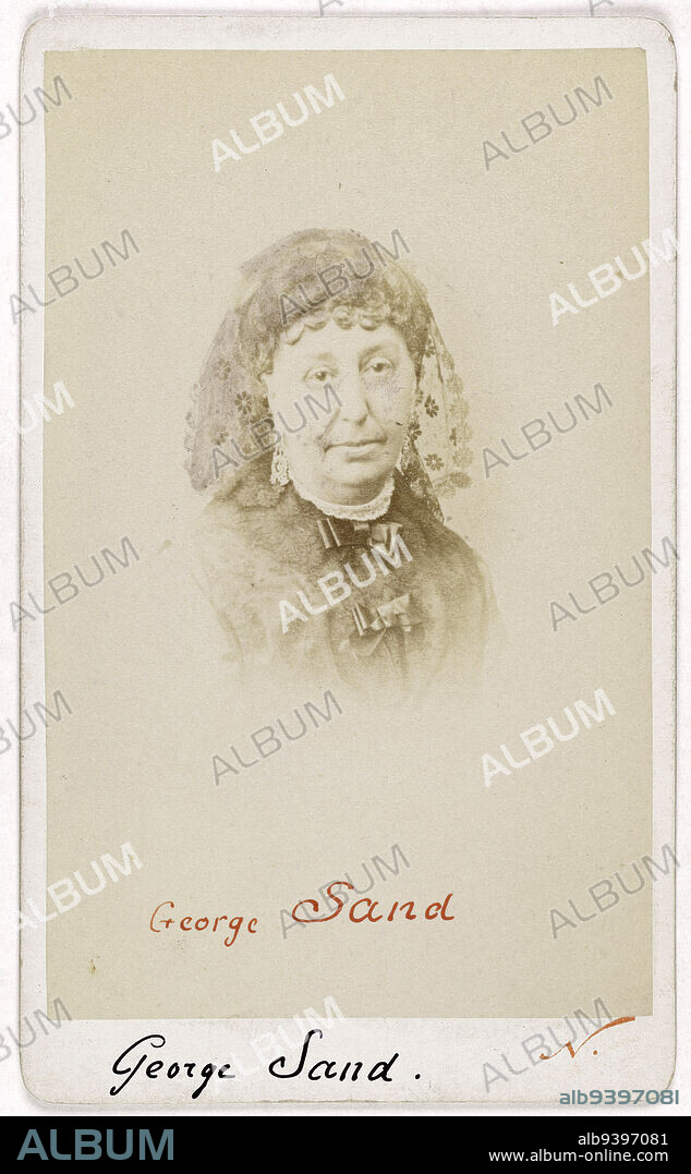 Portrait of Georges Sand, (Amantine Aurore Lucile Dupin, baronne Dudevant, known as), (1804-1876), (novelist, playwright, literary critic, journalist), Atelier Nadar, Photographer, Between 1860 and 1876, 2nd half of the 19th century, Photography, Graphic arts, Photography, Albumen paper print, Dimensions - Work: Height: 9.3 cm, Width: 5.6 cm, Dimensions: Height: 10.5 cm, Width: 6.3 cm.