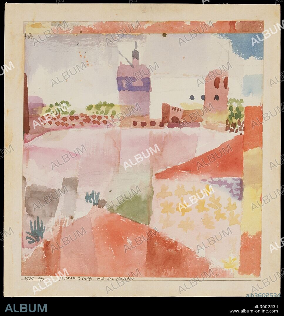 Hammamet with Its Mosque. Artist: Paul Klee (German (born Switzerland), Münchenbuchsee 1879-1940 Muralto-Locarno). Dimensions: 9 3/8 × 8 3/4 in. (23.8 × 22.2 cm). Date: 1914.
Klee's artistic training, which began in 1898, when he went to Munich for three years to learn to draw and paint, can be said to have lasted until 1914, when he visited Tunisia. The light of North Africa aroused in him a sense of color, and there Klee made his now-famous statement: "Color and I are one. I am a painter."
On April 14, 1914, Klee visited Hammamet, a small town on the Mediterranean, northwest of Tunis. He captured a view of the city in Hammamet with Its Mosque, a watercolor painted from outside the city walls. As happens so often in Klee's works, the picture consists of representational as well as nonrepresentational elements. The upper part shows the mosque surrounded by two towers and gardens; the lower area is made up of translucent color planes, following Robert Delaunay's (1885-1941) example of making pure color and its contrasts the sole subject of a picture.
With Heinz Berggruen's gift of ninety works by Paul Klee, the Museum became an important center for the study of the artist. The outstanding examples that Berggruen gathered span Klee's entire career, from his student days in Bern during the 1890s until his death in 1940. Comprehensive in its variety and extraordinary in its quality, The Berggruen Klee Collection comprises eleven oil paintings, seventy-one watercolors, and eight black-on-white drawings.