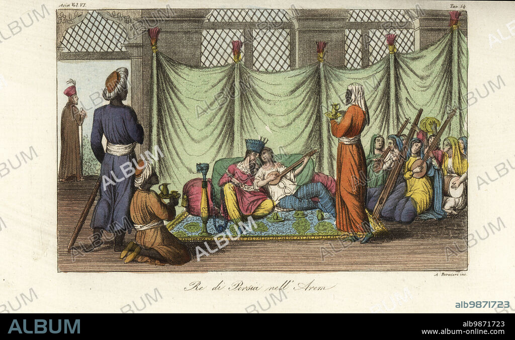 The Shah of Persia relaxing in his harem or seraglio. He sits on a carpet with hookah pipe and cushions, while a begum plays lute. A band of women plays music at right, and servants and eunochs attend. Re di Persia nell Arem.Handcoloured copperplate engraving by Andrea Bernieri from Giulio Ferrarios Costumes Ancient and Modern of the Peoples of the World, Il Costume Antico e Moderno, Florence, 1847.