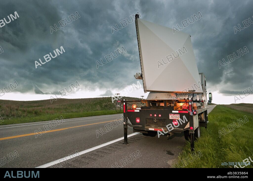 A multi-beam Rapid-Scan Doppler on Wheels portable weather radar truck scans a severe thunderstorm in central Nebraska on May 29, 2010. The Rapid-Scan DOW is one of several research vehicles that participated in VORTEX 2, a two-year science project to study tornadoes in the United States in 2009 and 2010.