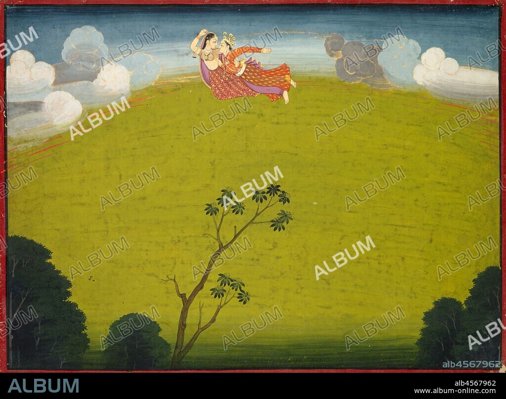 Pradyumna and Mayavati Fly to Dvaraka, from the Large Basohli Bhagavata Purana, c. 1760-1765. A goddess who can fly, Mayavati brings her lover Pradyumna to be reunited with his parents for the first time since he was an infant, when he was kidnapped by a demon who was her husband. Having just slain the demon, they can be together and return to the palace where he was born. Pradyumna is the son of Krishna, and also an incarnation of the god of love, Kama. Mayavati is an incarnation of Rati, the goddess of erotic love. Later, Pradyumna also marries his cousin Rukmavati.