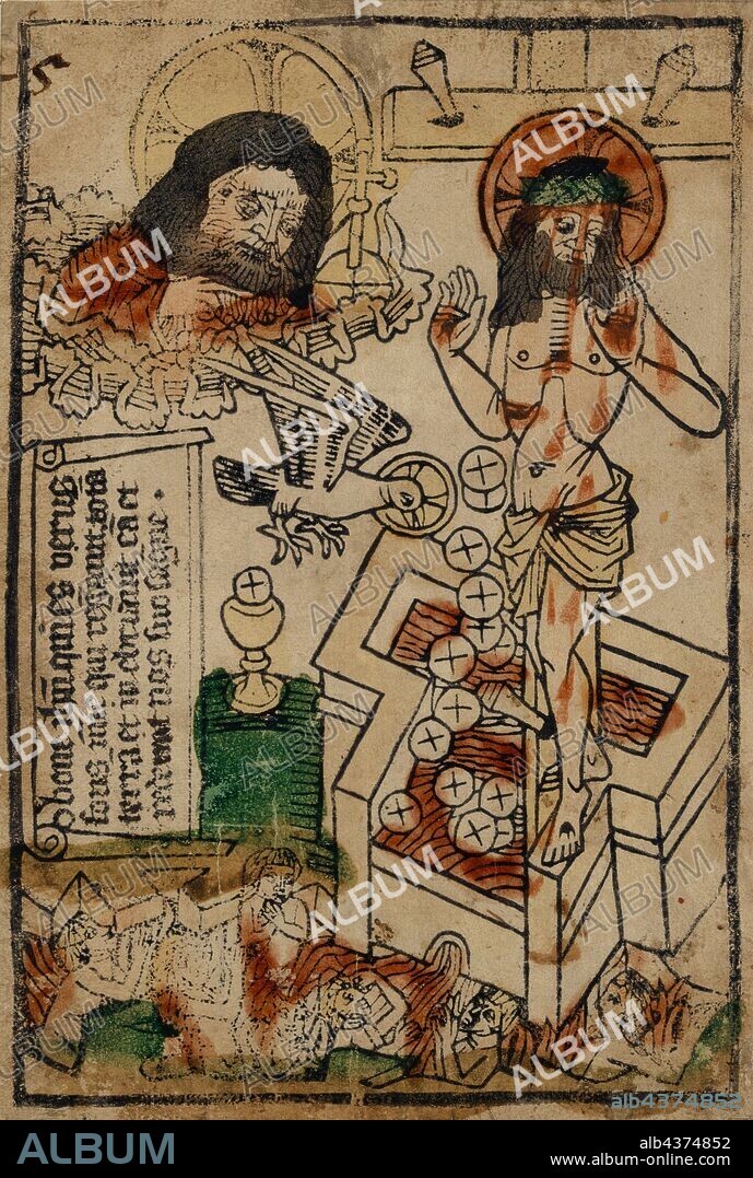 Fons pietatis (Allegory of the Blood of Christ), c. 1470, woodcut (gray-black print), colored, unique, page: 18.6 x 12.6 cm, L. inscribed on the banner: O bone ih [es] qui es verus, fons mi [, sericordia] e qui rigavit., tota [m] terra, et inebriavit ea [m] et, redemit nos suo s [an] g [ui] ne, Anonym, Oberrhein, 15. Jh.