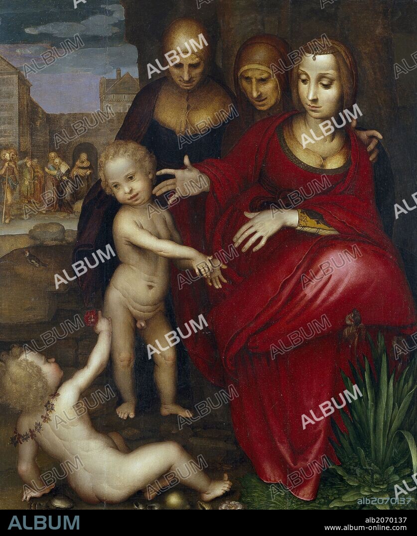 FERNANDO YÁÑEZ DE LA ALMEDINA. Fernando Yáñez de la Almedina / 'Santa Ana, la Virgen, Santa Isabel, San Juan y Jesús niño', 1525-1532, Escuela Española, Óleo sobre Tabla, 140 cm x 119 cm, P02805.