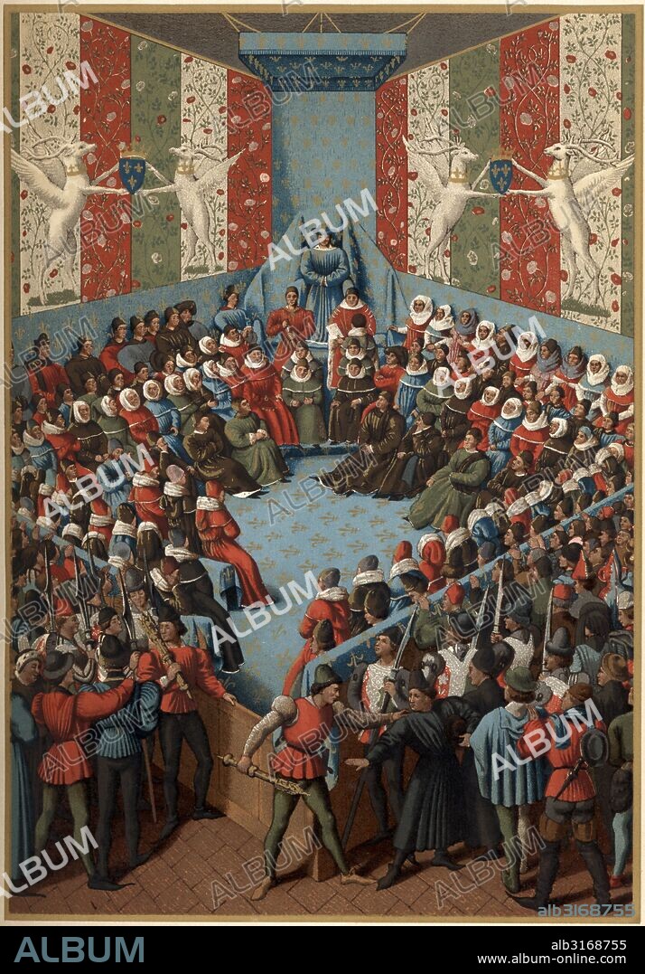 Edad Media. Juicio en Aigues-Mortes de Juan II, duque de Alençon, en 1458, acusado de lesa majestad. Miniatura de Jean Fouquet, Frankfurt. Facsímil de 1877.