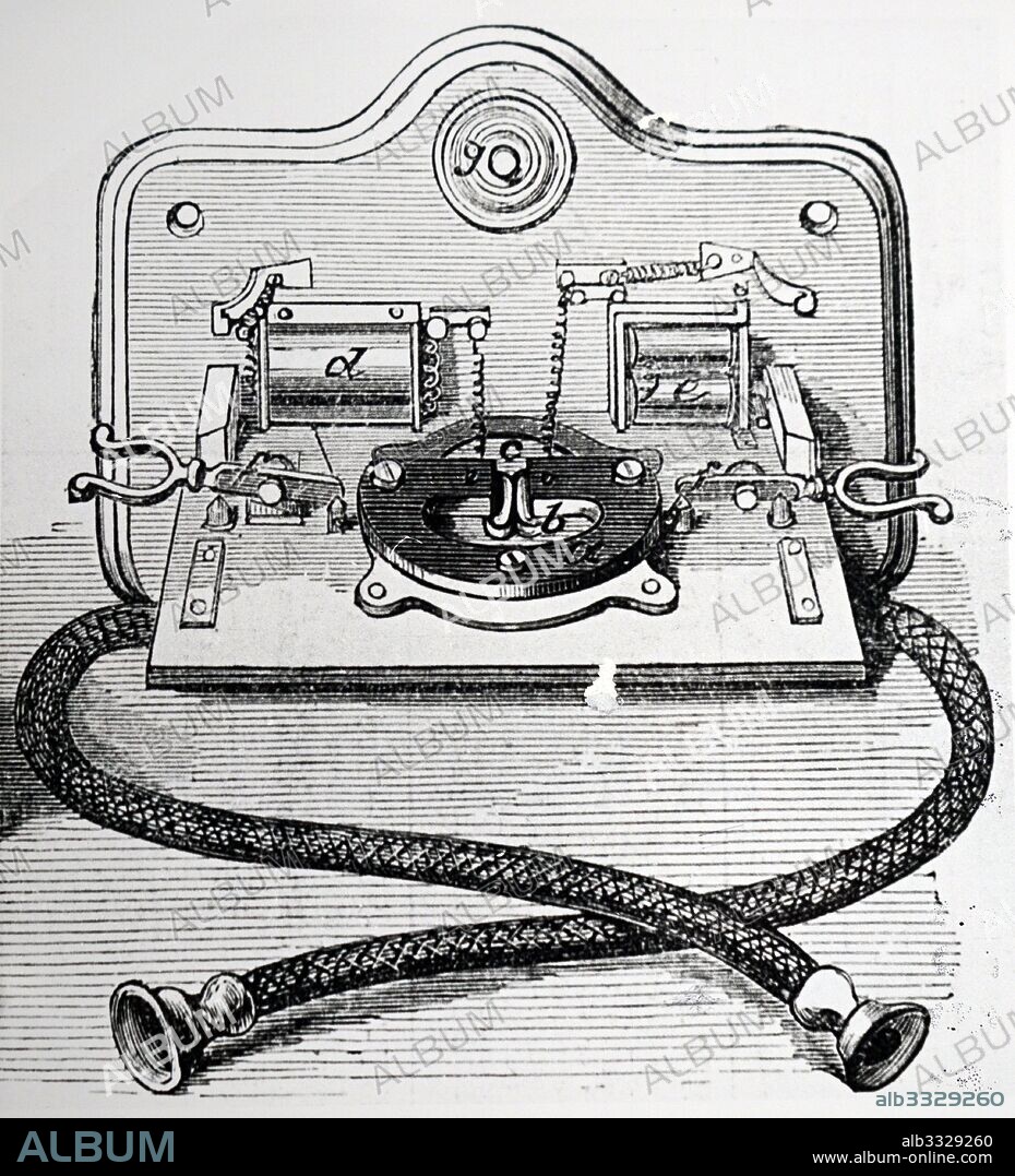 Detailed view of the Gower-bell telephone, dated 1892. Created by Alexander Graham Bell, and Thomas Edison.