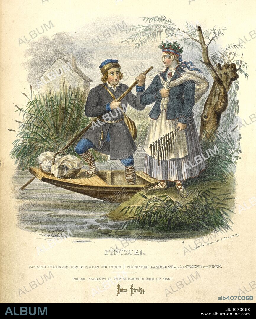 LEON ZIENKOWICZ and J LEWICKI. Polish peasants in the neighbourhood of Pinsk. A young man standing in a punt, while a woman stands on a riverbank. Les Costumes du peuple polonais, suivis d'une description exacte de ses mÅ“urs, de ses usages et de ses habitudes: Ouvrage pittoresque. Paris, 1841. Source: 7744.dd.5 plate 18 opposite page 47.