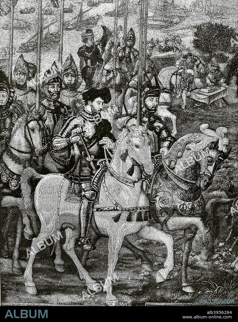 "Jornada de Túnez". Expedición del Emperador Carlos V en junio de 1535 para recuperar Túnez de las manos del almirante otomano Barbarroja. Grabado a partir del fragmento de un tapiz de la serie titulada "Historia de la Conquista de Túnez" de la escuela flamenca (Palacio Real de Madrid). Detalle que representa la llegada a Barcelona del emperador el 3 de abril de 1535 y la revista de las tropas el 14 de mayo, formada por gentiles caballeros. Carlos V revistando las tropas antes de su embarque en las carabelas portuguesas, galeones genoveses y naves castellanas. En realidad la acción tuvo lugar en La Laguna, en las afueras del puerto de Perpiñán. La Ilustración Española y Americana, mayo de 1876. Biblioteca Histórico Militar de Barcelona. Cataluña, España. Grabado.