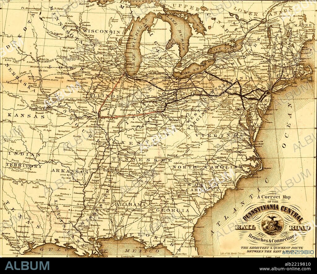 Pennsylvania Central - 1854; map of the eastern United States showing the railroad network and emphasizing the routes between St. Louis and Chicago, and Baltimore, Philadelphia, and New York.