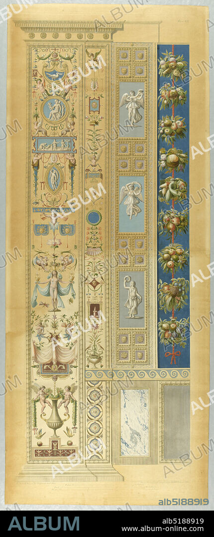 Wall Decoration, Plate XII from Le loggie di Rafaele nel Vaticano (Raphael's Loggia in the Vatican), Giovanni Volpato, Italian, 1733 - 1803, Pietro Camporesi, Italian, 1726 1781, Raphael, (Italian, 14831520), Brush and watercolor, gouache over etching on white wove paper, Grotesque decoration., Italy, 17721777, ornament, Print, Print.