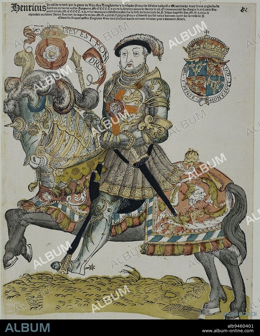 Portrait of Henry VIII of England, Cornelis Anthonisz. (manner of), after 1536 - 1540, Portrait of Henry VIII of England on horseback. He is reminiscent of his nickname 'Novus Constantinus'. Rider and horse in armor. Top right the English coat of arms with the Order of the Garter, top left the Roses of Lancaster and York intertwined and the motto DIEV EST MON DROIT on a spell band. Five lines of text in French above the image and one below., print maker: Cornelis Anthonisz., (manner of), print maker: Hans Liefrinck (I), Hans Liefrinck (I), (possibly), Low Countries, publisher: Antwerp, after 1536 - 1540, paper, h 404 mm × w 300 mm.