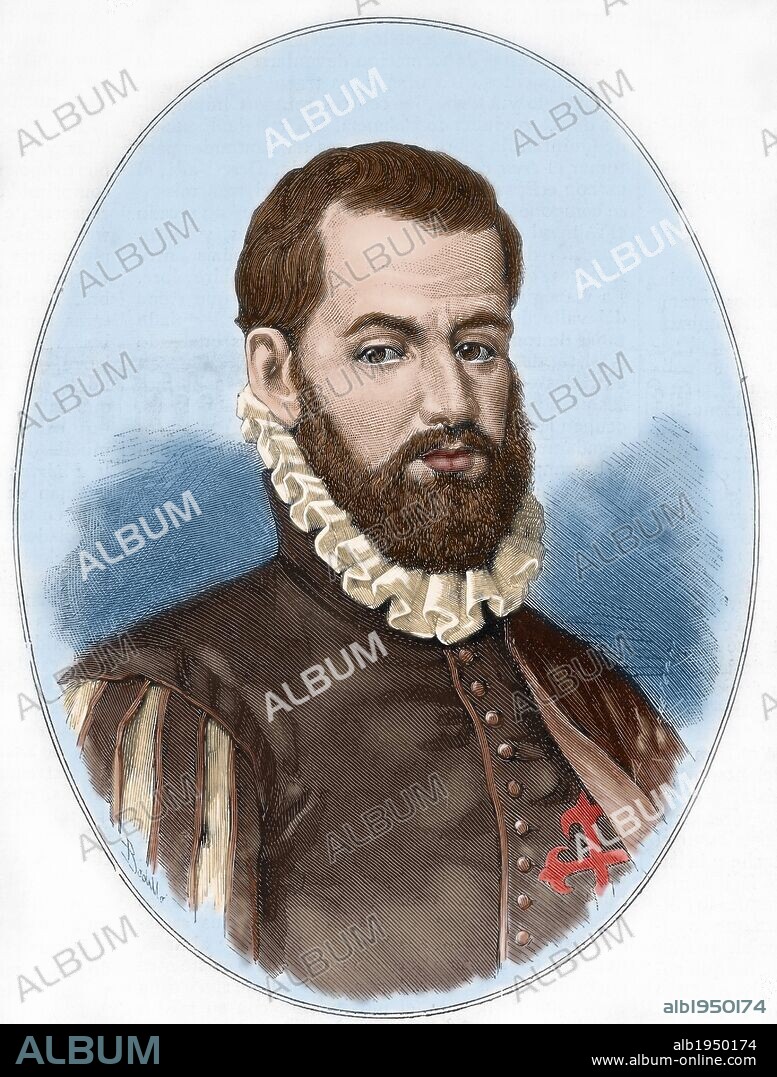 Pedro Menendez de Aviles (1519-1574). Spanish naval officer and conqueror. Engraving in Spanish and American Illustration, 1880. Colored.