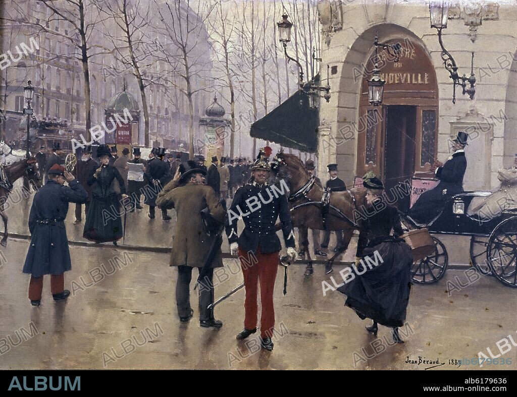 JEAN BERAUD. The Boulevard des Capucines and the Vaudeville Theatre - 1889 - 35x51 cm - oil on panel - French Impressionism.