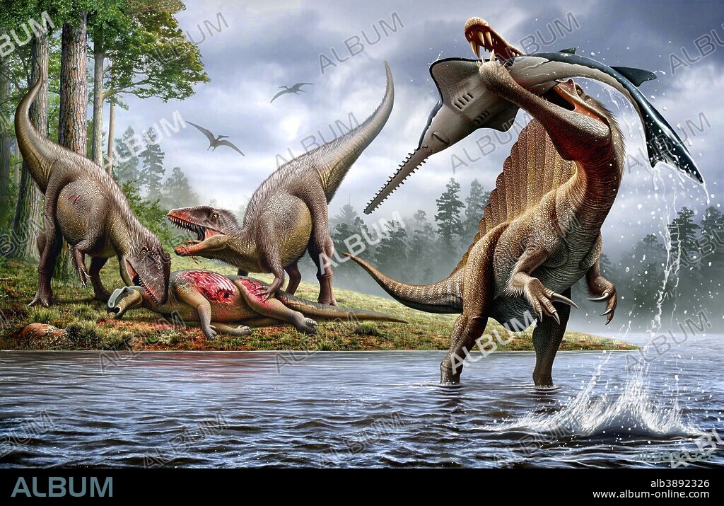 A Spinosaurus hunting an Onchopristis while two Carcharodontosaurus eat the carcass Ouranosaurus in the background..