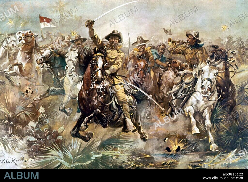 The Battle of San Juan Hill (July 1, 1898) was the bloodiest and most famous battle of the Spanish-American War. It was proclaimed the greatest victory for the Rough Riders, by the press and its new commander, Theodore Roosevelt, overlooking the fact that the Buffalo Soldiers of the 10th Cavalry and 24th Infantry Regiments had actually done much of the heaviest fighting. The Spanish-American War was a conflict in 1898 between Spain and the United States, the result of US intervention in the Cuban War of Independence. Although the main issue was Cuban independence, the 10 week war was fought in both the Caribbean and the Pacific. US naval power proved decisive, allowing expeditionary forces to disembark in Cuba against a Spanish garrison already brought to its knees by nationwide Cuban insurgent attacks and further wasted by yellow fever. The result was the 1898 Treaty of Paris, negotiated on terms favorable to the US, which allowed it temporary control of Cuba, and ceded ownership of Puerto Rico, Guam and the Philippine islands. Painting by Walter G. Read, undated.
