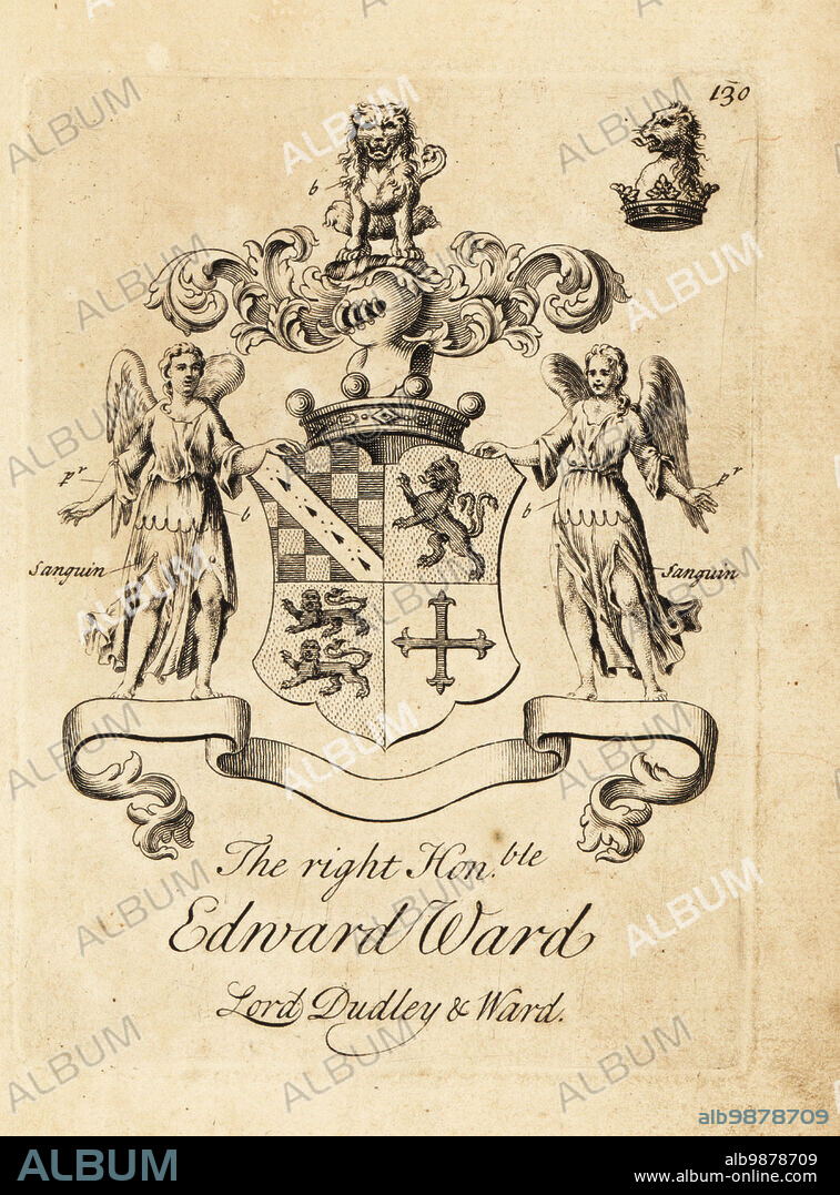 Coat of arms of the Right Honourable Edward Ward, 9th Baron Dudley, 4th Baron Ward, 1704-1731. Copperplate engraving by Andrew Johnston after C. Gardiner from Notitia Anglicana, Shewing the Achievements of all the English Nobility, Andrew Johnson, the Strand, London, 1724.