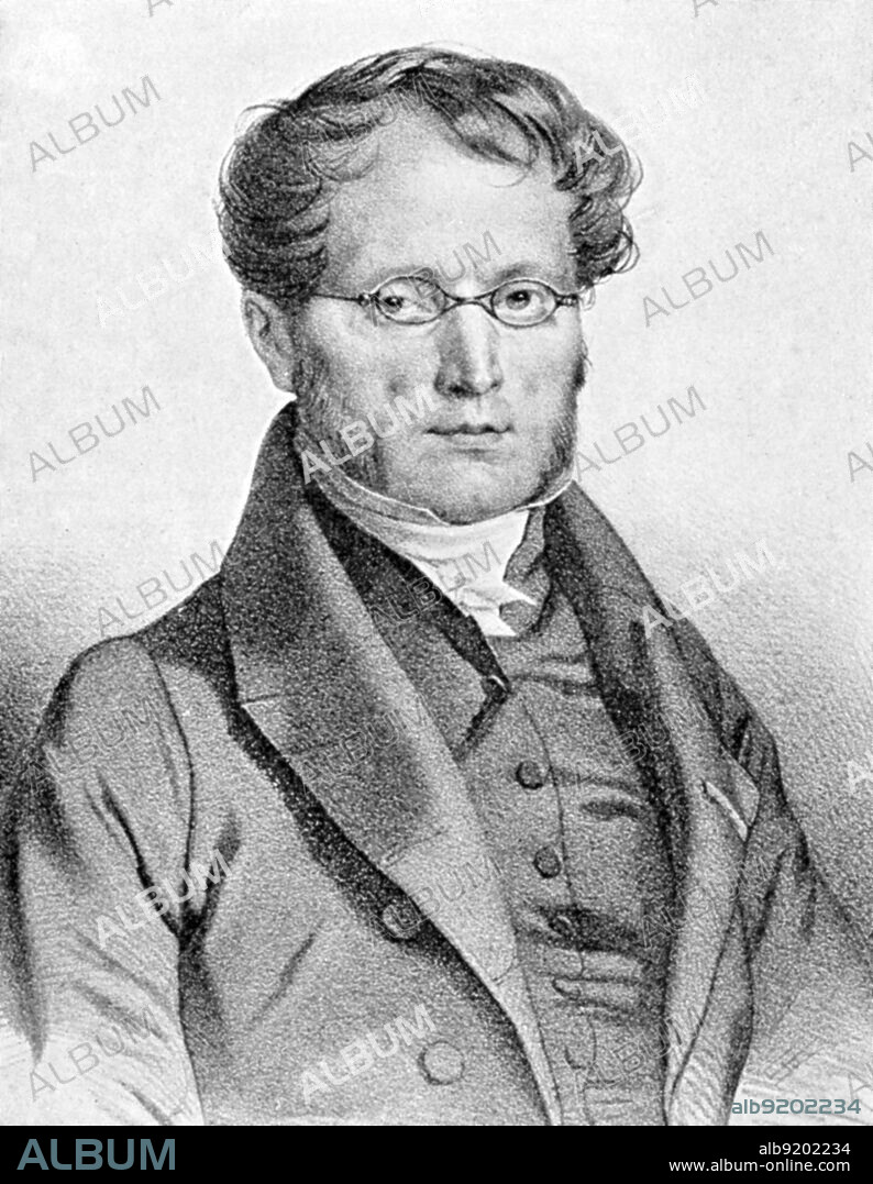 Pierre-Charles-Alexandre Louis (1787-1872), French physician, clinician and pathologist known for his studies on tuberculosis, typhoid fever, and pneumonia. He developed the "numerical method," a forerunner to epidemiology and the modern clinical trial. Lithograph by Nicolas Eustache Maurin (1799-1850).
