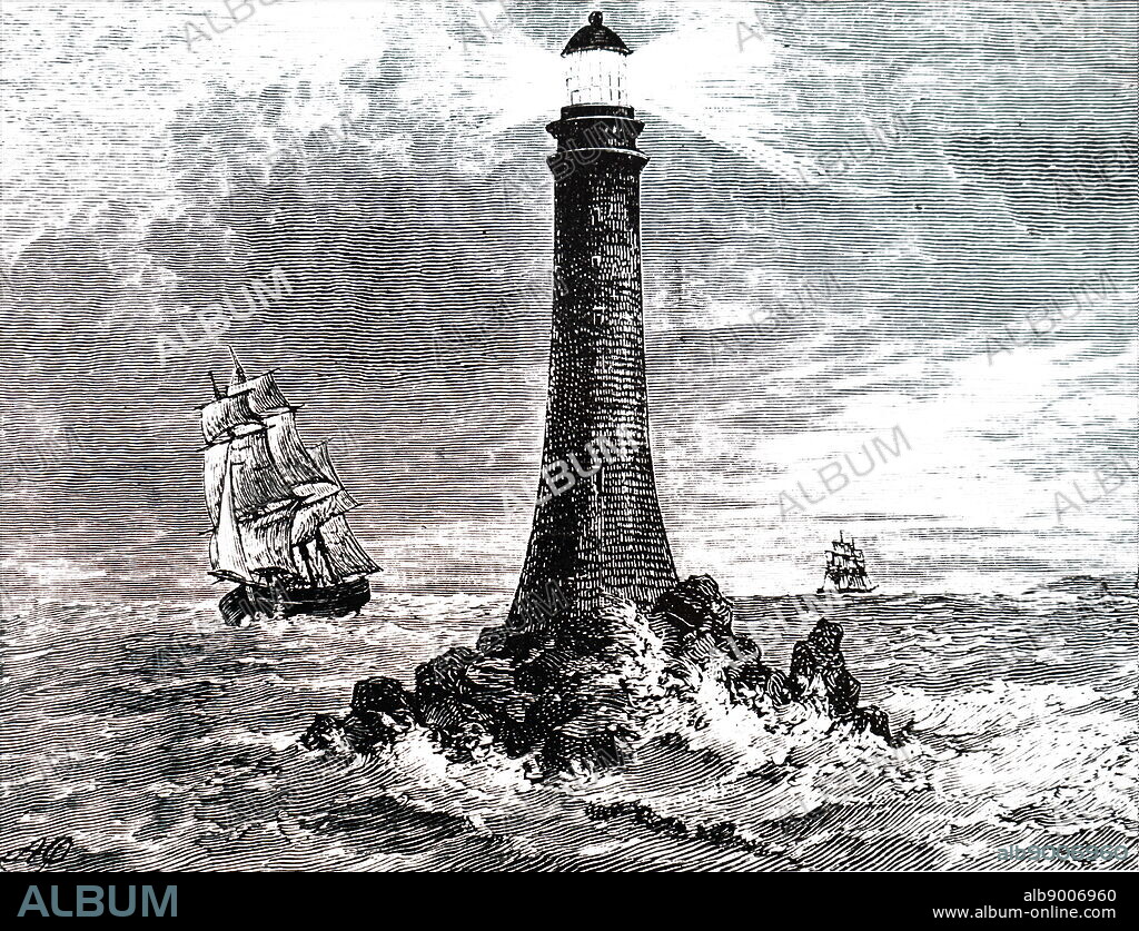 Engraving depicting Bell Rock Lighthouse, located off the coast of Angus, Scotland, designed by Robert Stevenson. Robert Stevenson (1772-1850) a Scottish civil engineer and famed designer and builder of lighthouses. Dated 19th century.