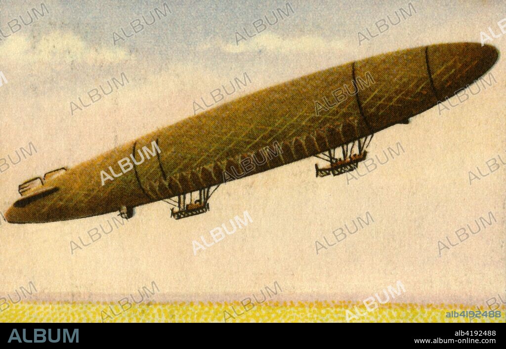 Schütte-Lanz airship, 1915, (1932). One of a series of rigid airships designed and built by the Luftschiffbau Schütte-Lanz company. Most Schütte-Lanz airships were made of plywood rather than aluminum alloy. From "Die Eroberung Der Luft", (The Conquest of the Air), cigarette card album produced by the Garbáty cigarette factory, 1932. Eugene and Moritz Garbáty, who were Jewish, were driven out of business by the Nazis in the late 1930s, and forced to sell their factory which lay empty for over 70 years. [Garbaty Cigarettenfabrik, Berlin-Pankow, 1932].