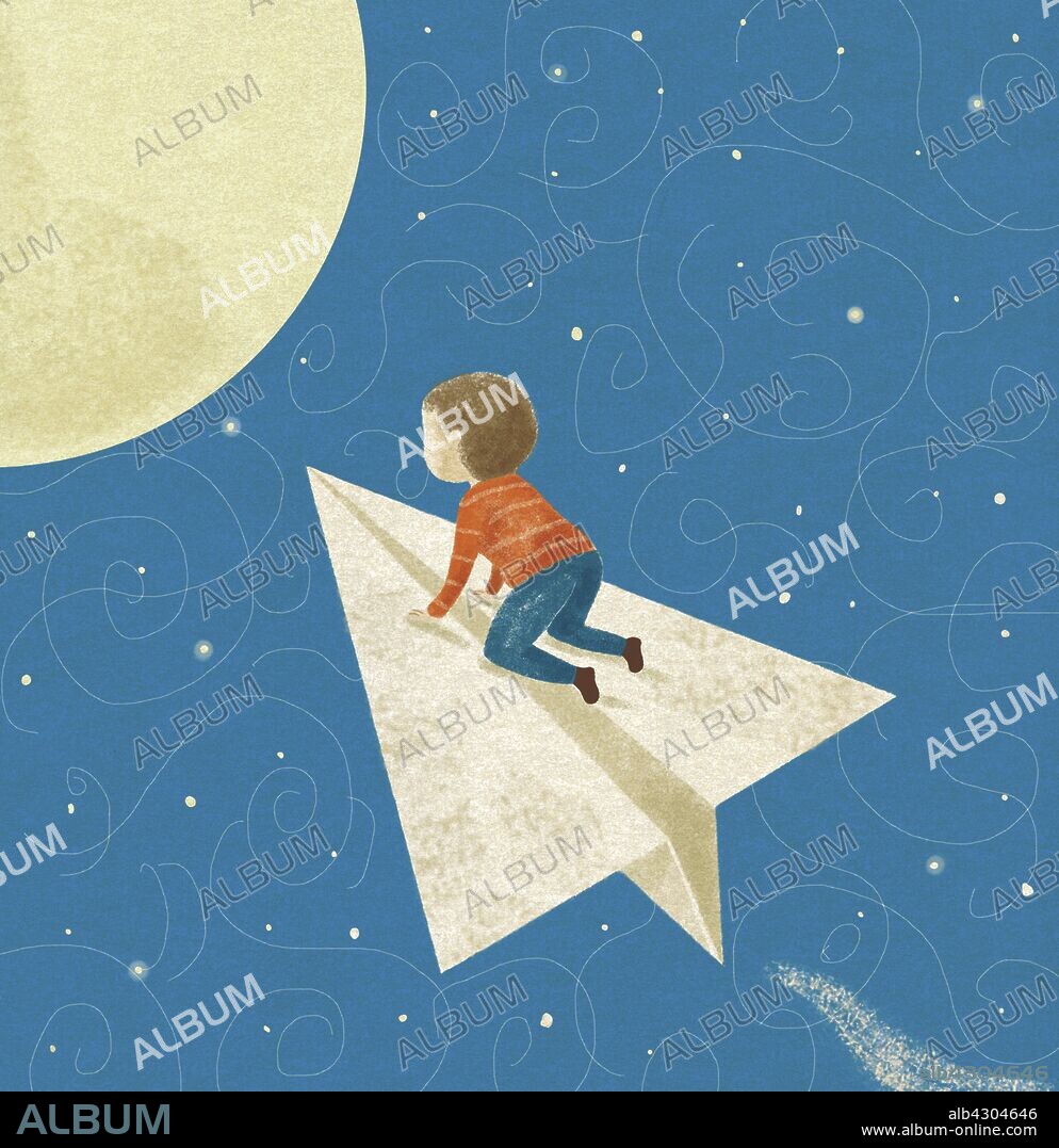 Small boy flying on paper airplane to the moon.