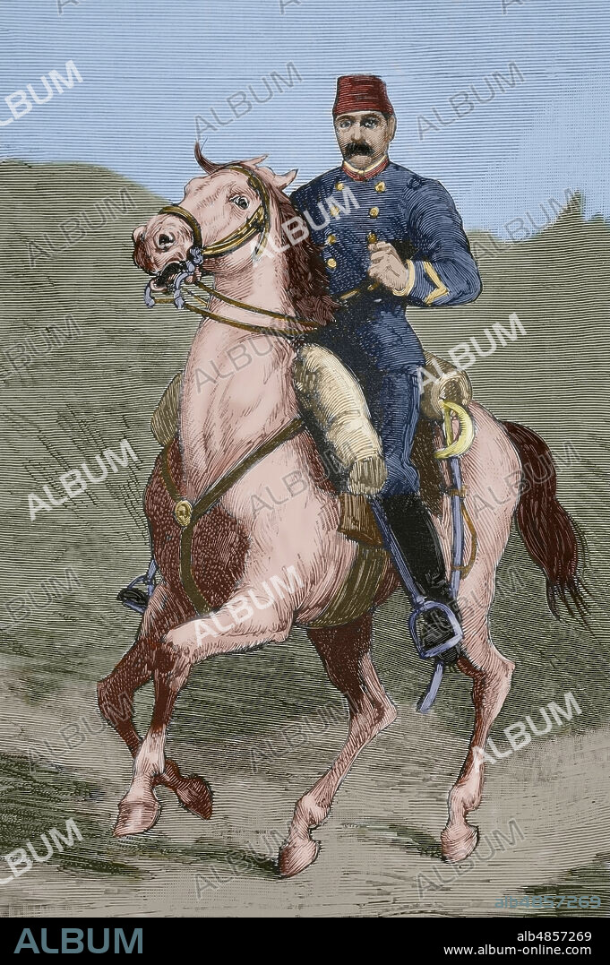JUAN COMBA GARCÍA (1852-1924). SPANISH ILLUSTRATOR.. Valentine Baker (1827-1887), conocido como Baker Pasha. Oficial británico al mando del cuerpo anglo-egipcio que fue derrotado en la primera batalla de El Teb (4 de febrero de 1884), durante la Guerra mahdista (1881-1899). Retrato ecuestre. Dibujo por Juan Comba. Grabado. Coloreado. La Ilustración Española y Americana, 1884.