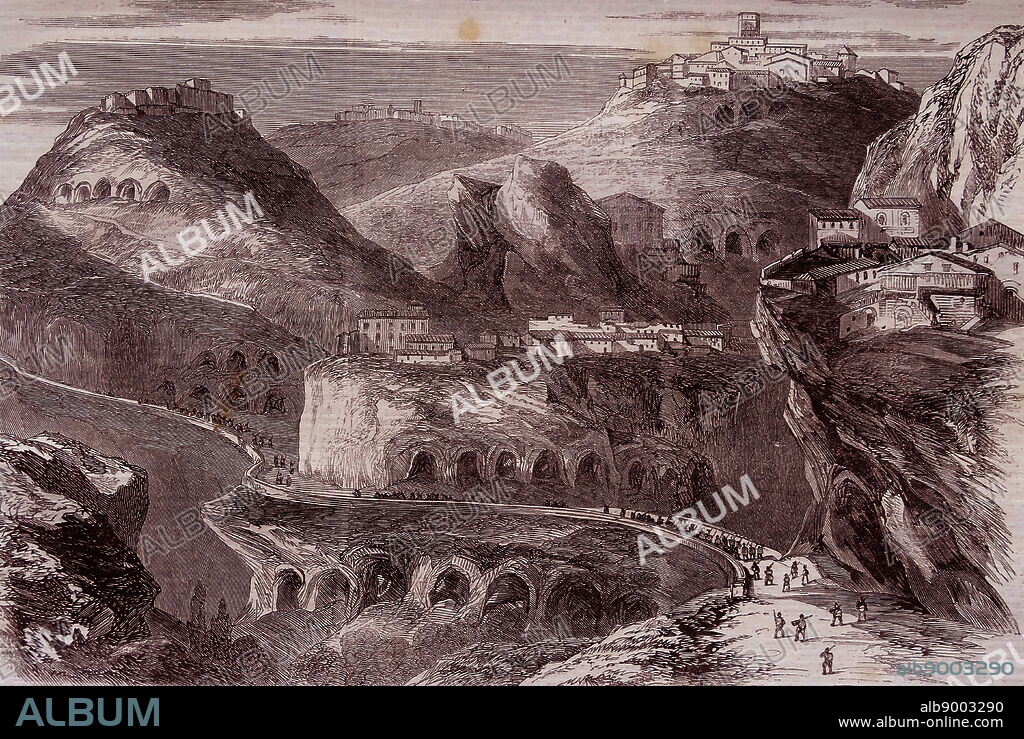 View of Castrogiovanni (Enna) a city and commune located roughly at the center of Sicily, southern Italy, in the province of Enna, 1860.