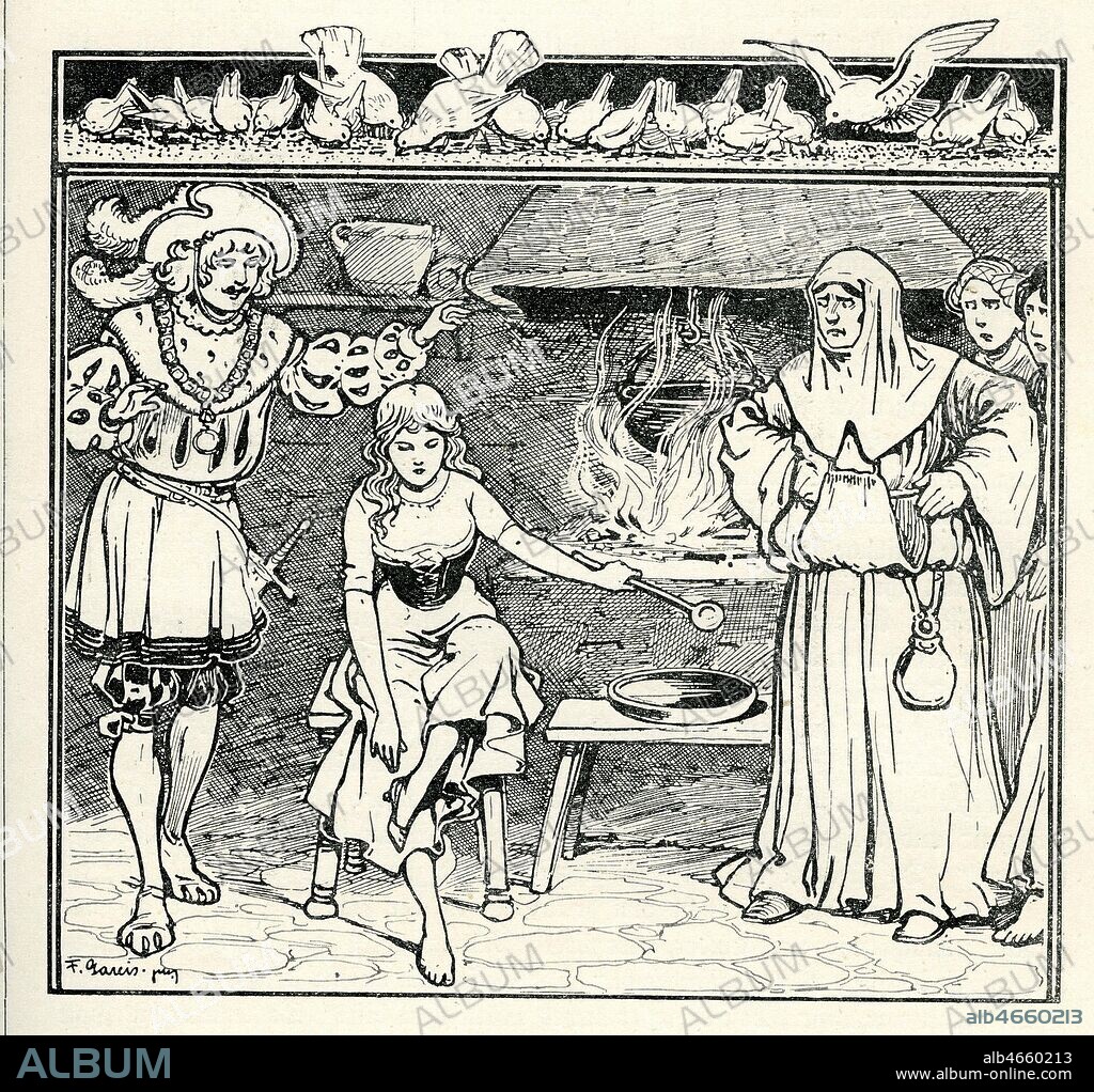 Cendrillon: la jeune fille essaye la pantoufle de verre (vair), sa maratre et ses mechantes soeurs la regardent avec fureur. Illustration allemande , gravure de Fritz Garris, vers 1900. Credit Collection Kharbine Tapabor.