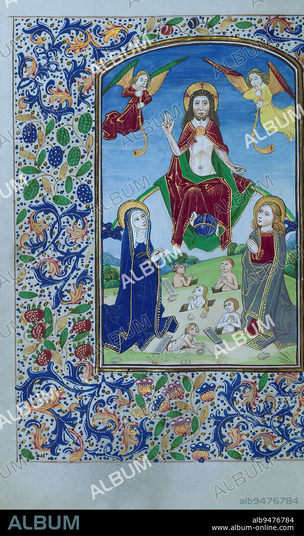 Book of Hours, Last Judgement, Illuminated in the style of Willem Vrelant, this Book of Hours was completed for Use in Rome ca. 1470. The manuscript contains a calendar in French intended for the diocese of Bayeux that was added in the late fifteenth century, with border miniatures painted in Rouen. Prayers to St. Gregory as well as the large number of female saints included in the litany indicate that the original owner was female. The Hours of the Virgin are illuminated with images of Christ's Passion.
