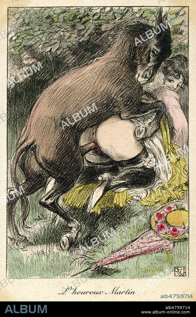 'L'heureux Martin' : un ane penetre une femme par derriere. Illustration zoophile pour une carte postale vers 1910. Credit : Collection IM/KHARBINE-TAPABOR.