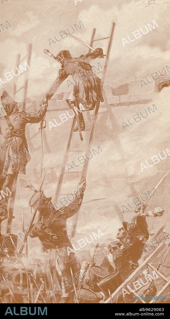 'Marbot and Labédoyère Scaling the Wall at Ratisbon', 1809, (1896). Jean Baptiste Marbot and Charles François Huchet de la Bédoyère scaling the walls during the Battle of Ratisbon or Regensburg, in Germany, 23 April 1809. Engraving after the aquarelle by Eric Pape. From Life of Napoleon Bonaparte, Volume III, by William Milligan Sloane. [The Century Co., New York, 1896].