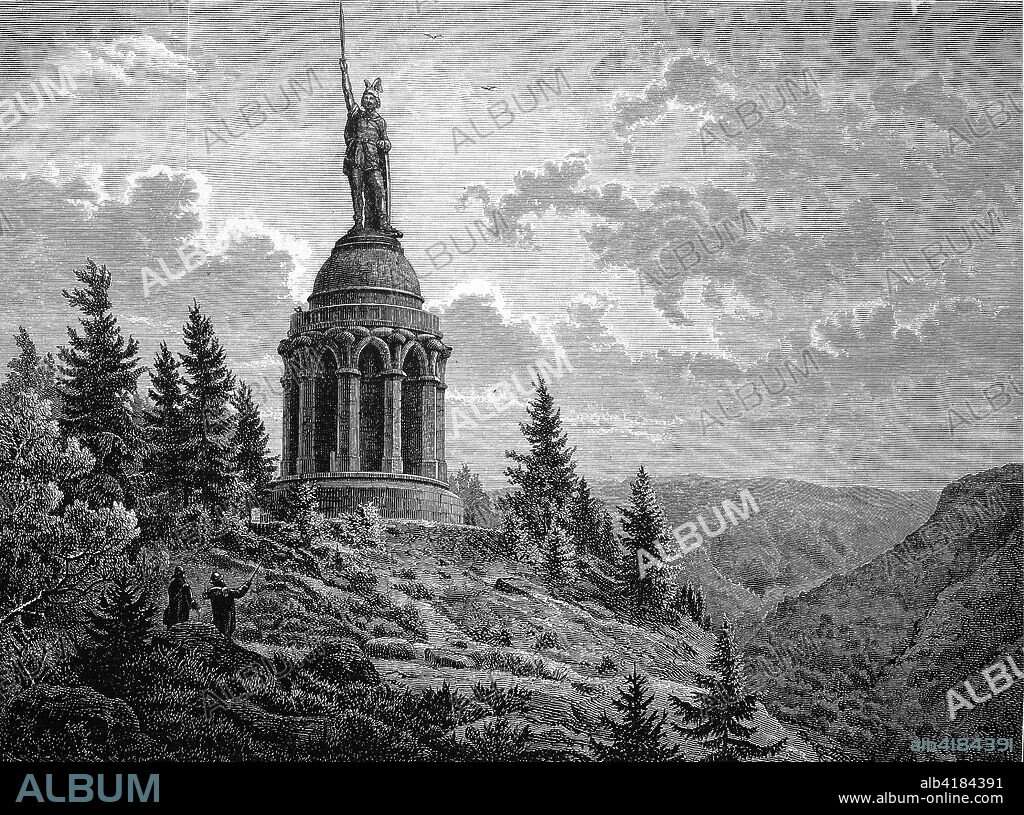 The Hermann - monument on the Treutberg, the Hermann monument is a colossal statue in the Hermannsdenkmal near Detmold, North Rhine-Westphalia in the southern Teutoburg Forest, Germany, Reproduction of an original woodcut from the year 1882, digital improved.