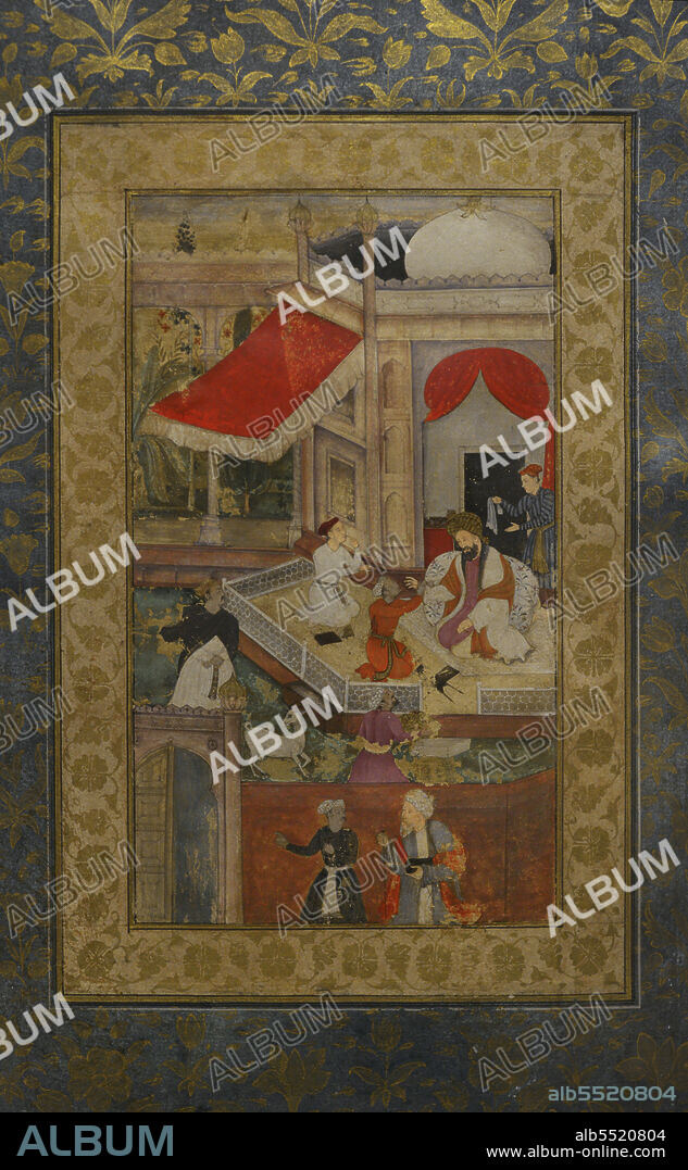 Miniatura con escena cortesana, siglos XVI-XVII. Periodo mogol (1526-1761). India. Gouache, tinta y oro sobre papel. Museo Calouste Gulbenkian. Lisboa. Portugal.