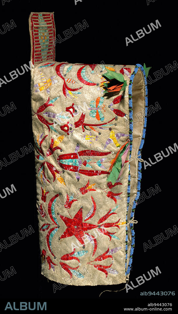 Cradle board cover, c. 1880, 9 3/8 x 24 3/4 x 8 3/4 in. (23.81 x 62.87 x 22.23 cm), Hide, quills, beads, ribbon, sequins, cloth, United States, 19th century, Cradle covers were usually made by the relatives of the child, and given to the mother to use when the baby arrives. Cradles play an important function because it nestles the child, and the cradle can be worn on the mother's back, or put on the side of a horse. Highly decorated ones are especially prized because it is symbolic of the pride and love of the child, and illustrates the skill of the artists.