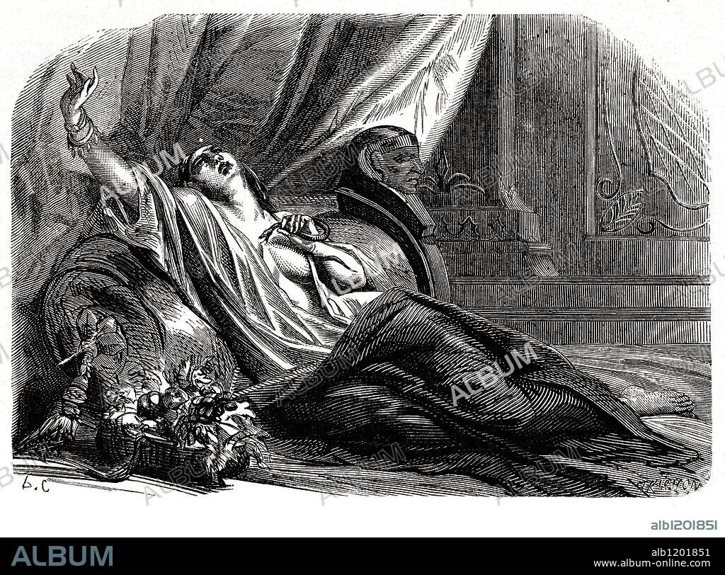 Cleopatra VII (69-30 a.JC), última Reina del antiguo Egipto y de la dinastía Ptolemaica. Se hizo morder por un áspid y fue enterrada junto a Marco Antonio, Emperador romano en Oriente. Grabado de 1866.