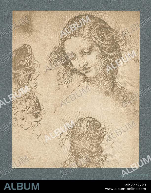 Leonardo da Vinci, 1452-1519. "Head of a young woman with braided hair, repeated four times". Facsimile of the original "Head of the Leda", c. 1503/07 (pen and ink over black chalk, 200 × 162 mm. Windsor Castle, Royal Library, RL 12516 r). Reproduction (carbon print) after photography of Photographische Kunstanstalt Adolphe Braun (Adolphe Braun, 1812-1877, in collaboration with Charles Braun, 1815-1872, Henri Braun, 1837-1876, and Gaston Braun, 1845-1928). From the portfolio: Drawings by Leonardo da Vinci. Reproduced and published by Braun and Cie., Paris, Dornach (Alsace), London and New York, part I, 60 hand drawings on 40 plates, no. 6 b. Private collection.