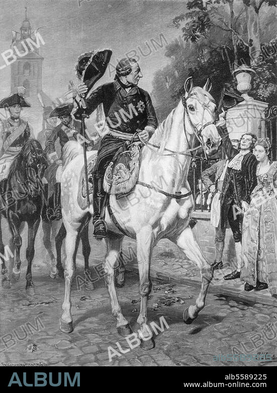 Friedrich II. (der Große), König von Preußen (1740-86); 1712-1786. "Friedrich II. in Krefeld". (23. Juni 1758, von der Familie van der Leyden empfangen). Holzstich nach dem Gemälde von Johann Emil Huenten.