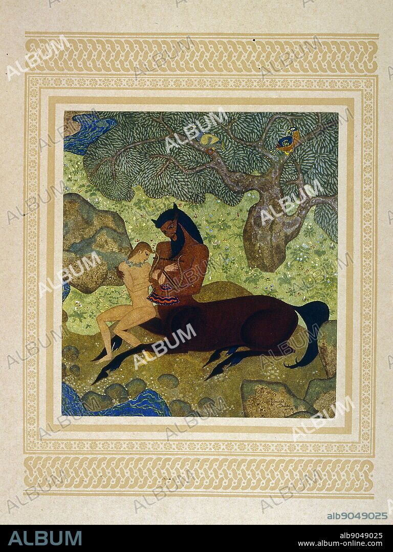 Coloured illustration of a naked lady with a centaur. Illustrated by Edmund Dulac (1882-1953), a French British naturalised magazine and book illustrator.