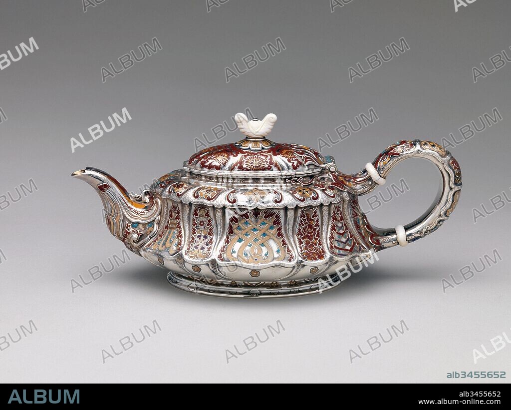 Teapot, ca. 1888, Made in New York, New York, United States, American, Silver, silver-gilt, enamel and ivory, 4 3/4 x 10 7/8 x 5 3/16 in. (12.1 x 27.6 x 13.2 cm); 12 oz. 13 dwt. (393 g), Silver, Tiffany & Co. (1837–present), An 1898 article in The Jewelers’ Circular lauds this service as “one of the most artistic silver sets ever produced by the hands of an American silversmith.” Tiffany factory records describe it as a “tête-à-tête” and as “Persian.